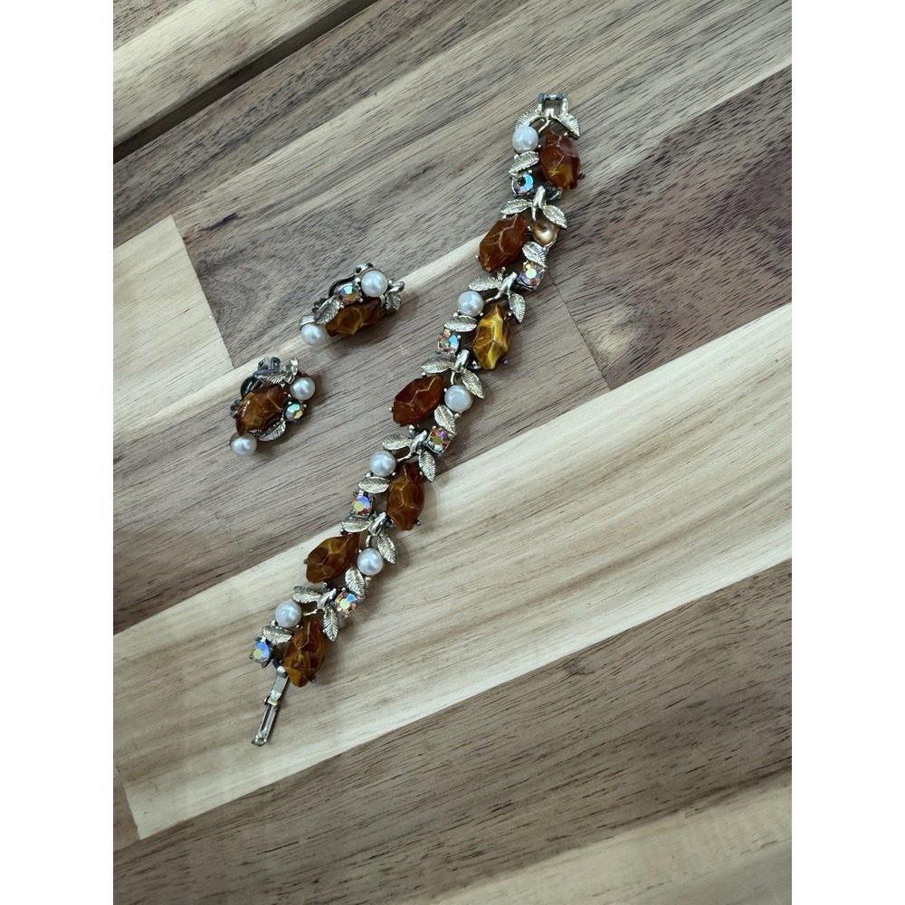 Vintage MidCentury MCM Amber Rhinestone AB Crystal Pearl Bracelet And Earrings